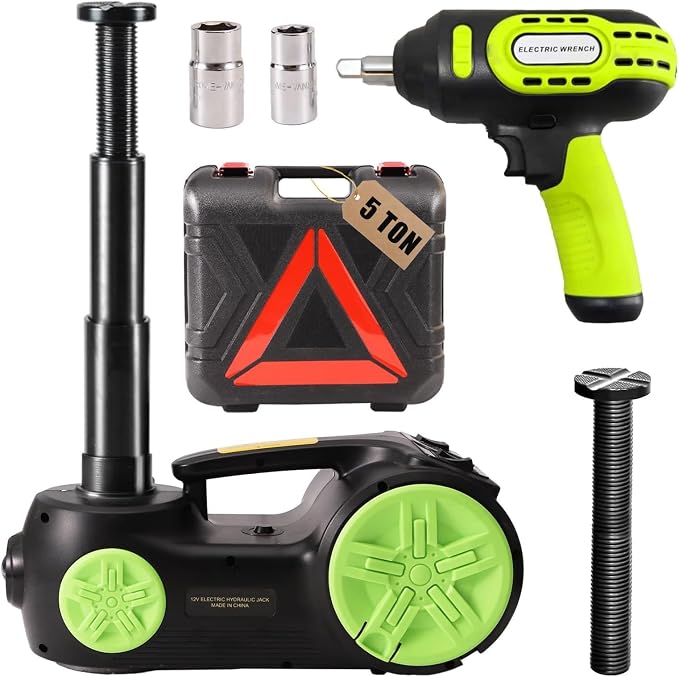 Upgraded Electric Hydraulic Car Jack Kit 5 Ton 12V Portable Lift Range 20.9 Inch with Impact Wrench and Tire Inflator Pump for SUV Sedan Truck Repair Floor Jack for Tire Change with LED Light