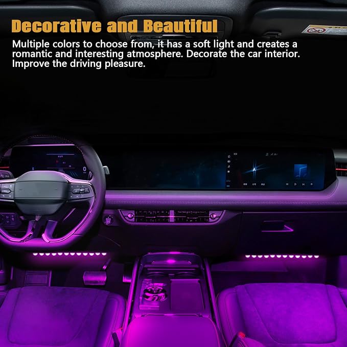 Car LED Strip Light, 12V 24 LED Vehicle Interior Atmosphere Lamps with USB Port, Auto Under Dash Ambient Night Light, Universal Car Accessories (Pink Purple, USB)