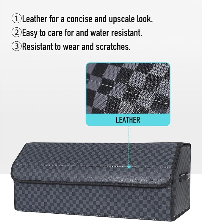 Car Trunk Organizer for SUV and Sedan, Blue-Gray, 29.5 inches | Unique Blue‑Gray Plaid, Extra Large, Leather Storage Box, Magnetic Lid, Collapsible & Adjustable, Water‑Resist & Dust‑Proof
