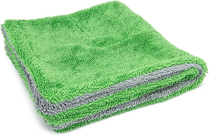 Dreadnought Jr. Microfiber Car-Drying Towel, Superior Absorbency, Trucks and SUVs, Double-Twist Pile, One-Pass Vehicle-Drying Towel - Pack of 2, Green/Gray (16 inch x 16 inch)