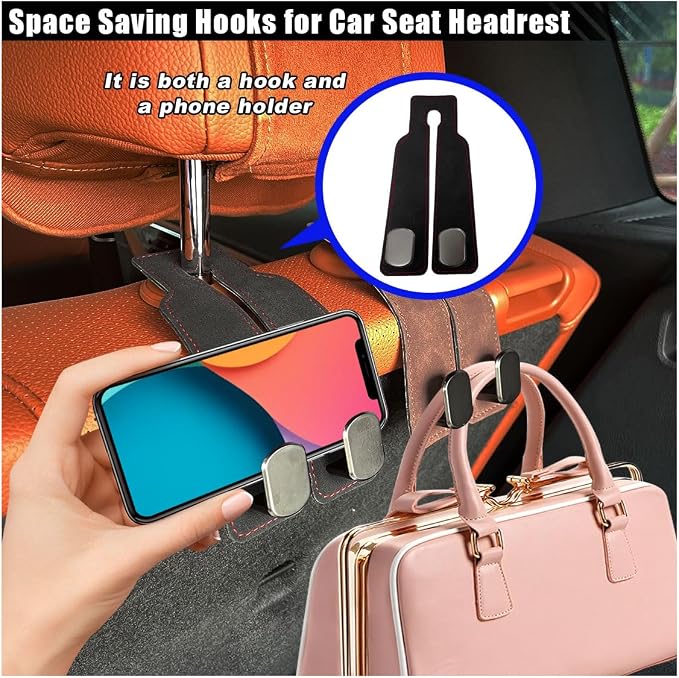 Car Seat Back Double Hooks for Headrest, Leather Car Back Seat Hooks for Purse and Bags, Upgraded 2 in 1 Purse Hook for Car Seat, Universal Vehicle Headrest Hangers for Car, Home (Black, 2PCS)