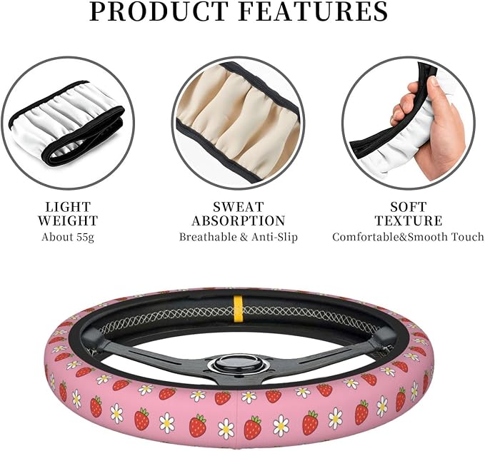Strawberry Steering Wheel Cover for Women Girls, 15 Inch Universal Floral Daisy Car Steering Wheel Protector, Cute Pink Neoprene Non-Slip Breathable Auto Interior Decor for Most Vehicles, SUV, Sedan