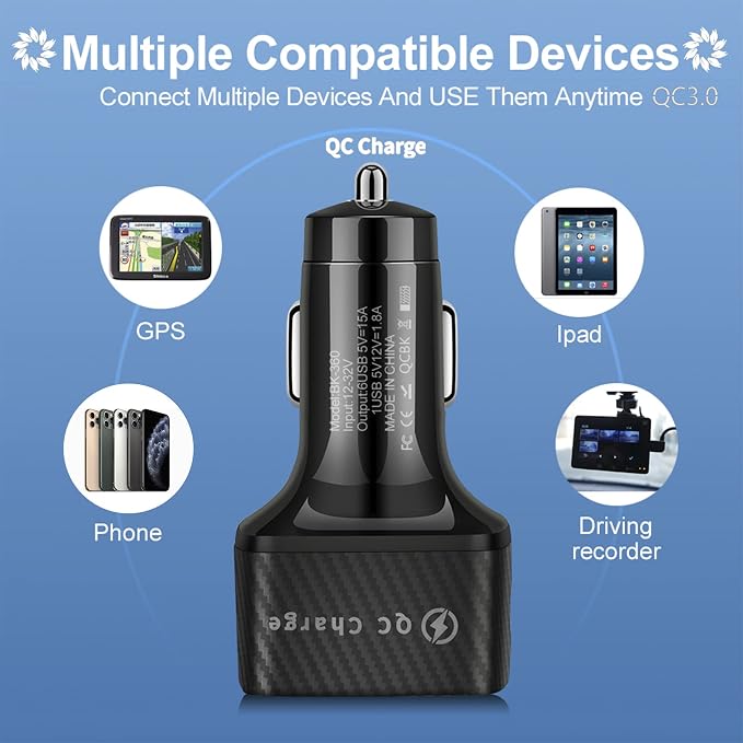 Car Charger Adapter, 6 USB Multi Port, Fast Charger, Include QC 3.0 and 5 Other Ports, Car Interior Accessories, Fit for iPhone 13/12/11/pro, Samsung Galaxy/Note S10/S9/S8, Android - Black