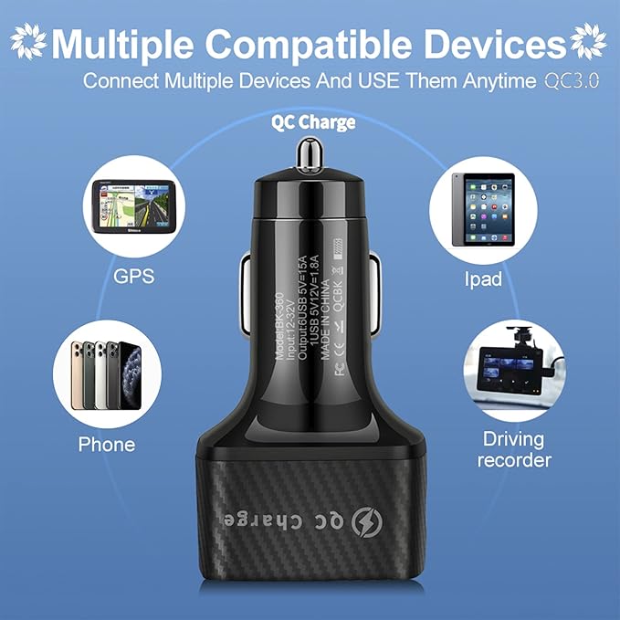 Car Charger Adapter, 6 USB Multi Port, Fast Charger, Include QC 3.0 and 5 Other Ports, Car Interior Accessories, Fit for iPhone 17/16/15/14/13Pro Max, Samsung, Android (Black 2pcs)