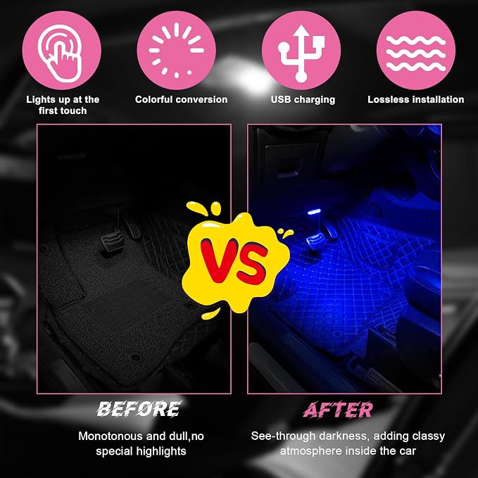 4 PCS Wireless Led Lights for Car Interior, 7 Colors Magnetic Auto Ambient Light with 6 Bright LED Lamp Beads, USB Rechargeable Vehicle Led Night Light, Car Accessories (Blue)