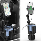 2 in 1 Auto-Clamping Cup Phone Holder for Car, 15W Fast Wireless Charging Cup Holder Phone Mount with Type-C Cable, Adjustable Car Cup Expander for Large Bottles