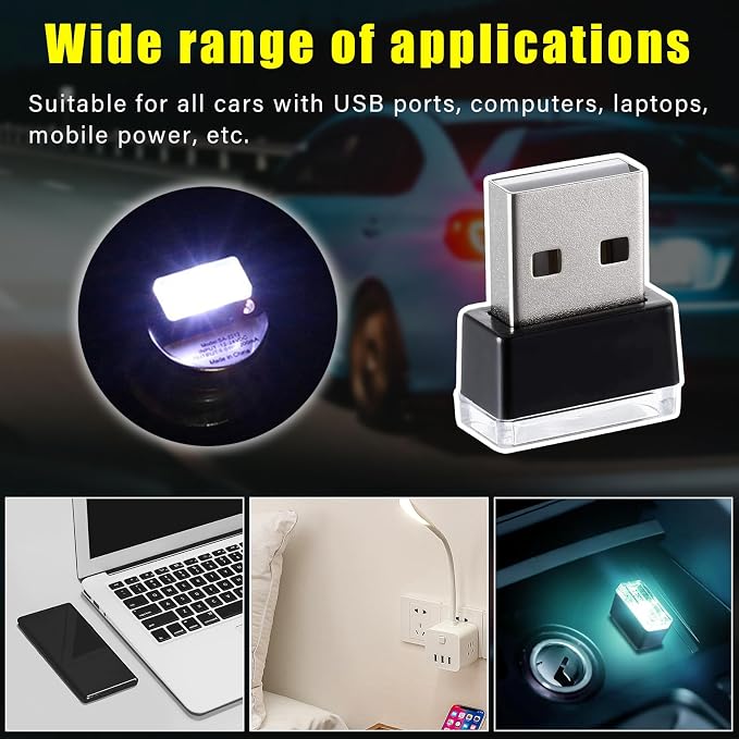 4 PCS USB LED Car Interior Atmosphere Lamp, Plug-in USB Decor Night Light, Portable Auto Ambient Lighting Kit, Universal Vehicle Interior Accessories for Most Cars (White & Ice Blue)