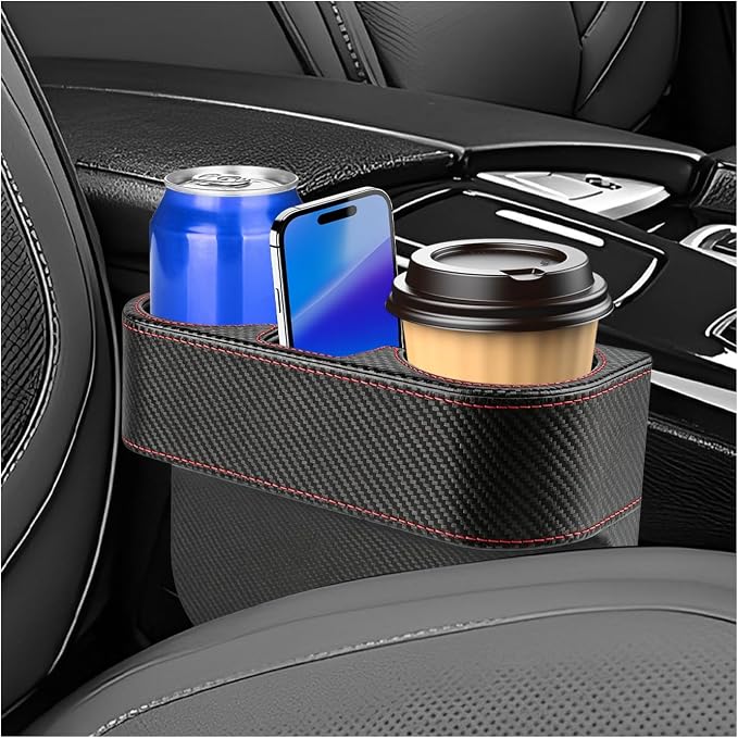 Car Seat Gap Filler Organizer, PU Leather Auto Front Seat Organizer Console Side Filler w/Cup Holder, Multifunctional Bottle Phone Holder Crevice Fillers for Most Car (Carbon Fiber Pattern)