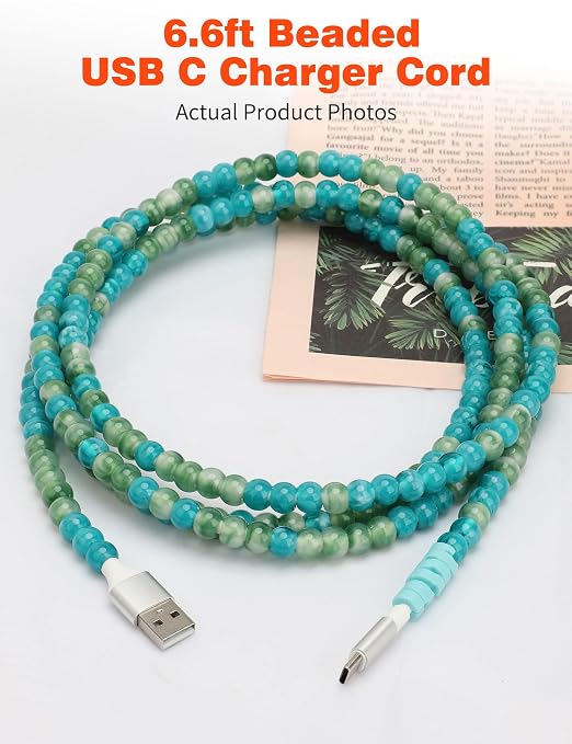 USB A to USB C Cable 6FT,Beaded Charger Cord for iPhone 17 16 Pro Max 17e 15 Car play,Cute Type C Car Charger Charging Cord for iPad 10 11th A16/Samsung S26 S25 S24/Android Phone Girls Women,BlueGreen
