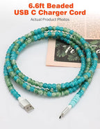 USB A to USB C Cable 6FT,Beaded Charger Cord for iPhone 17 16 Pro Max 17e 15 Car play,Cute Type C Car Charger Charging Cord for iPad 10 11th A16/Samsung S26 S25 S24/Android Phone Girls Women,BlueGreen