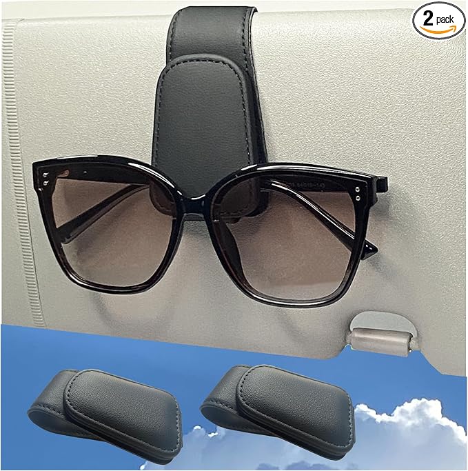 CHOSMOYI 2 Packs Sunglasses Holder for Car, Sunglass Clip for Car Visor, Magnetic Leather Car Eyeglass Holder and Ticket Card Clip, Suitable for Different Size Eyeglasses(Black