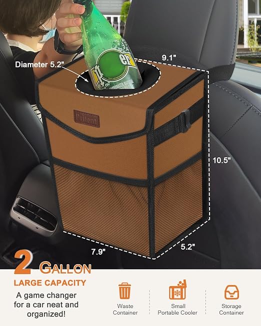 Car Trash Can with Lid, Cute Leakproof Car Trash Garbage Bag Hanging Vehicle Trash Bin Small Portable Automotive Garbage Cans Organizer for Back/Front Seat(Trapezoid,Brown)