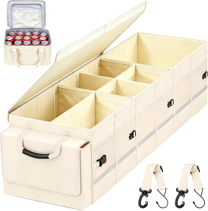 Car Trunk Organizer and Storage with Lid & Removable Cooler Bag, Car Accessories 6 Removable Dividers for Custom Space, Collapsible Trunk Organizers Interior for SUV & Sedan, Large