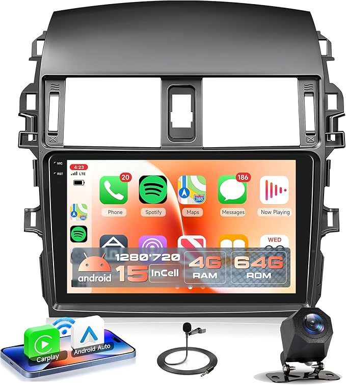 4G+64G Android 15 Car Stereo Radio for Toyota Corolla 2009-2013, Wireless Carplay Andorid auto Mirror Link 9'' INCELL Touchscreen GPS WiFi Bluetooth 5.0 FM/RDS EQ-32 SWC Backup Camera