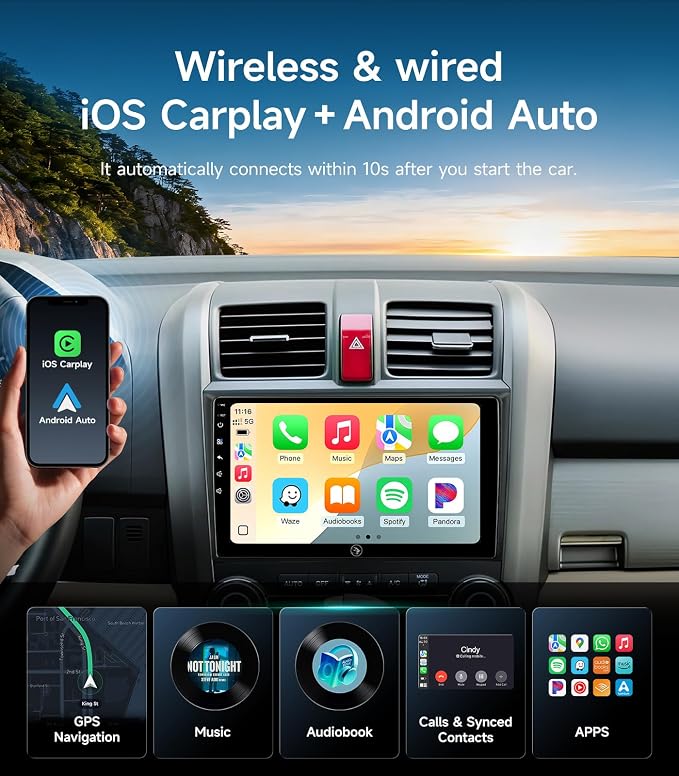 Car Radio Stereo for Honda CR-V 06-11, Wireless CarPlay & Android Auto | 9-inch IPS touchscreen, 64G storage, 5G WiFi GPS, Bluetooth FM AM SWC, plug-and-play, HD backup camera