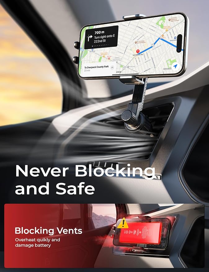 Universal Phone Holders for Your Car, [Never Fall Off] Car Vent Cell Phone Mount [Big Phone Friendly] Gifts Accessories for Women Men fit iPhone 17 16 15 14 13 12 All Smartphones, Black | Wider Clamp & Metal Hook Air Vent Phone Mount for Car Hold...