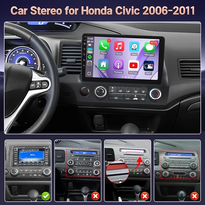 2+32GB Upgrade Android Radio for Honda Civic 2006-2011 with Carplay Android Auto, 10.1" Touchscreen Head Unit for Honda Civic with in-Dash GPS, BT, WiFi, SWC, FM + Camera- Fit Large Screen