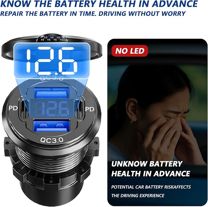 Dual PD USB C Ports & Dual Quick Charge 3.0 Ports Car Charger Socket, Aluminum Alloy Waterproof 12V USB Outlet, Accessories for Car Boat Marine Motorcycle RV ATV Truck Golf Cart, etc