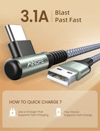 USB Type C Cable AINOPE [2-Pack, 1.6ft] 3.1A Type C Charger Fast Charging Right Angle, Durable Nylon Braided USB C Cable, Smartphone
