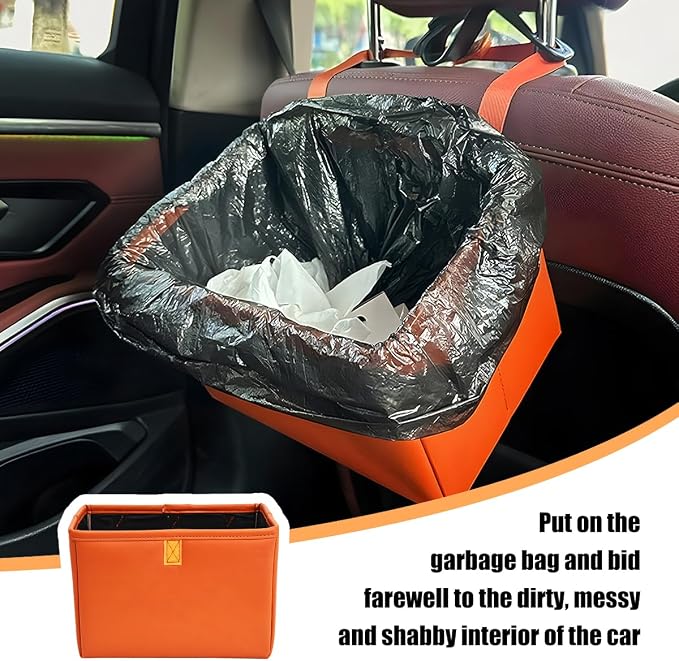 Car Trash Can, Leather Foldable Large Capacity Vehicle Hanging Garbage Bin Organizer, Waterproof Auto Interior Storage Bag Container Accessories, Universal for SUV Sedan Truck (Orange)