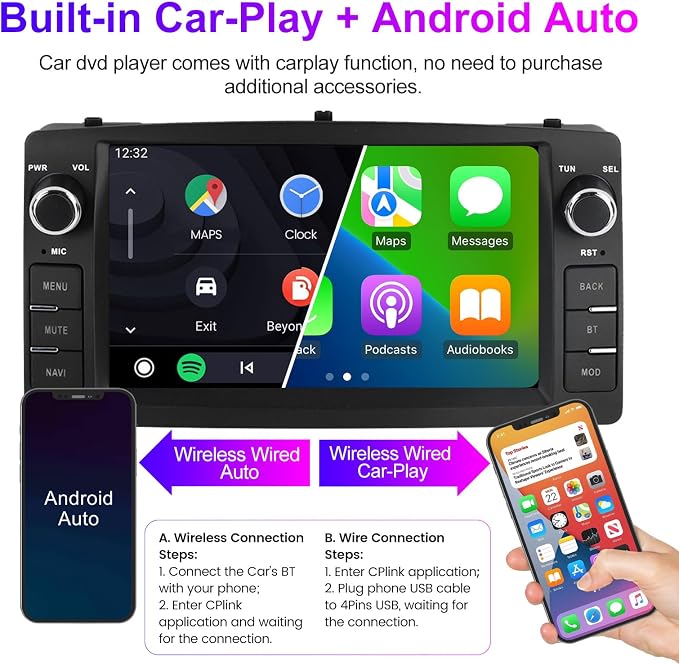Android Double Din Car Stereo for Toyota Corolla E120 2000 2001 2002 2003 2004 2005 2006, 7 Inch Touch Car GPS Radio Wireless Car-Play Android Auto Support WiFi Blue-Tooth FM RDS, 2GB RAM 32GB ROM