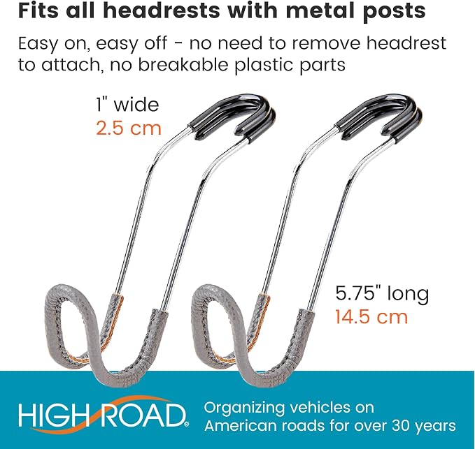 Car Hooks for Purses and Bags with Leather Trim - Unbreakable Headrest Car Hooks for Large Purse Straps and Heavy Bags up to 40 lbs - Secure Attachment Loops Fit All Headrest Posts, 2-Pack