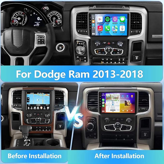 9" Touchscreen Car Stereo for Ram 2013-2019 with CarPlay & Android Auto | GPS Navigation, Bluetooth, SWC, FM/RDS, AHD Backup Camera, Android 13 OS, 2+32GB