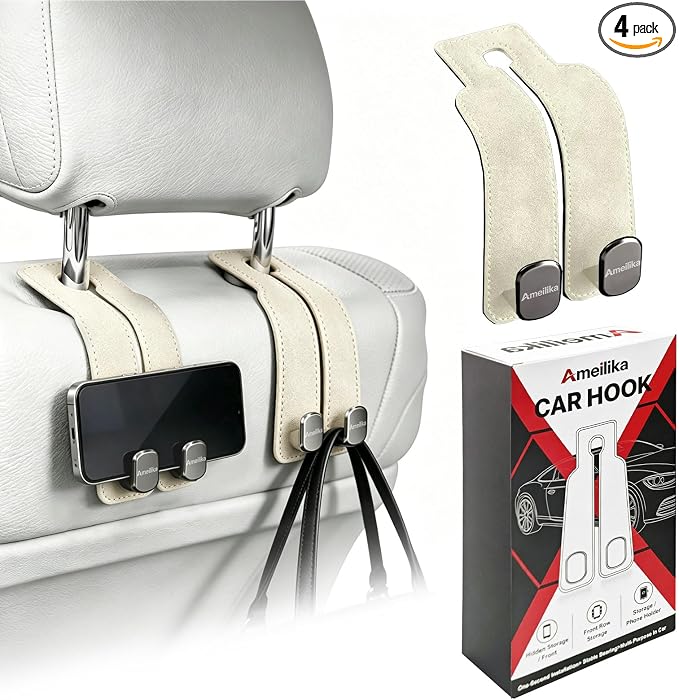 Car Headrest Hook, Car Seat Headrest Hooks and Purse Hook for Car, Leather Seat Back Organizer with Phone Holder, Universal Hidden Storage for SUV/Truck (Beige-2Pack)