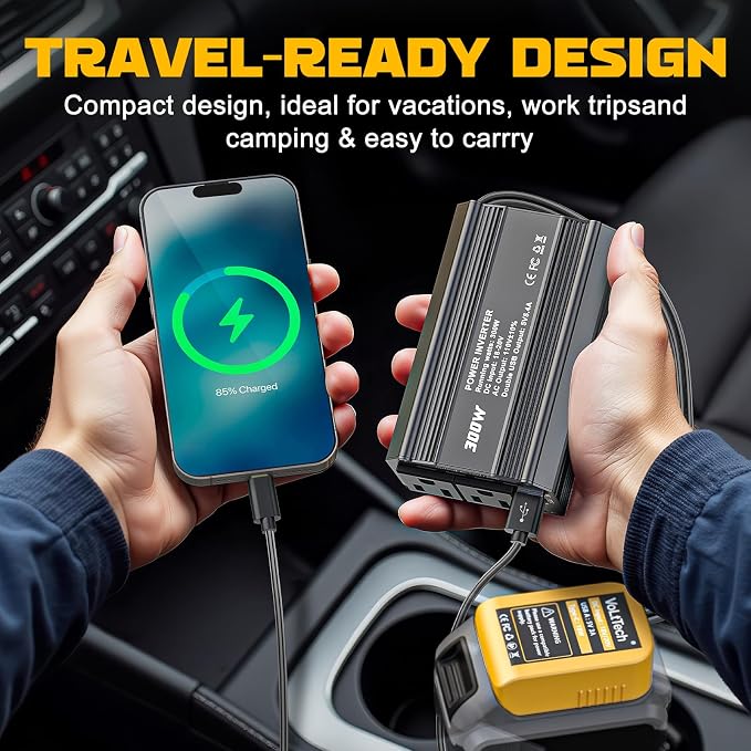 VoLtTech 300W Power Inverter 18V to 110V Compatible with Dewalt 20V, Battery Inverter DC Charger Adapter with 2 AC Outlet & 2 USB Port for Vehicles, Laptop, Computer, Phone, Fan(No Battery)(2 Pack)