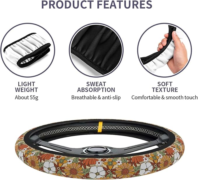 Car Steering Wheel Cover for Women Men, Non-Slip Retro Sunflower Floral Steering Wheel Protector, Universal 14"-15" Fit for Cars, SUVs, Trucks (Retro Sunflower Floral)