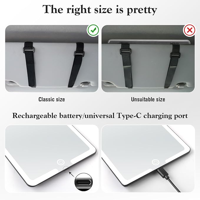LED Vanity Mirror for Regular Car Sun Visor,Lightweight Car Mirrors with Dimmable Lights, 3-Color Vanity Makeup Mirror for Universal Standard Vehicle Visor