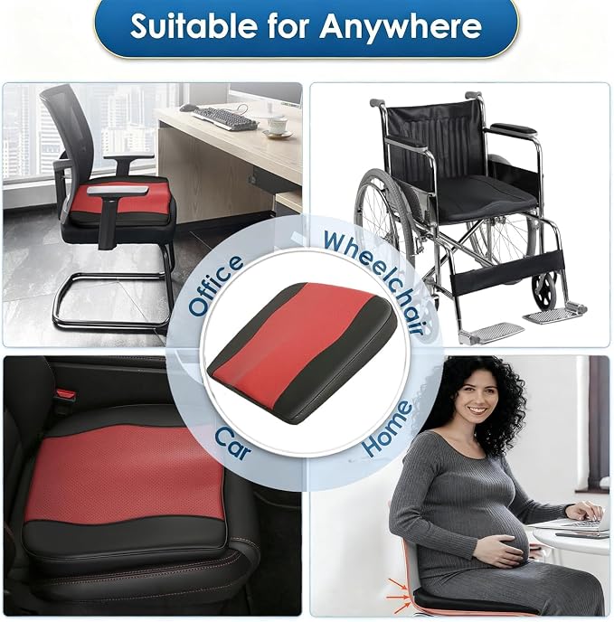 Comfort Memory Foam Car Seat Cushions For Driving,Red Booster Cushion Pad | Ergonomic Height Cushion, Sciatica & Lower Back Pain Relief Pillow, Comfort Seat Pad for Car Office Wheelchair Short People