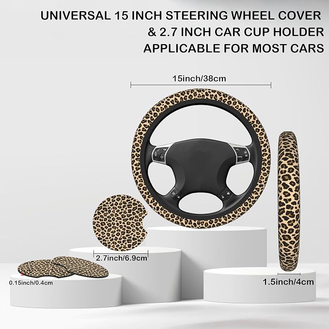 Leopard Animal Skin Steering Wheel Cover for Women, Anti-Slip Car Steering Wheel Cover with 2 Pcs Cup Holders Neoprene Breathable Car Accessories Universal 15 Inch Auto Interior Decor
