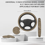 Leopard Animal Skin Steering Wheel Cover for Women, Anti-Slip Car Steering Wheel Cover with 2 Pcs Cup Holders Neoprene Breathable Car Accessories Universal 15 Inch Auto Interior Decor
