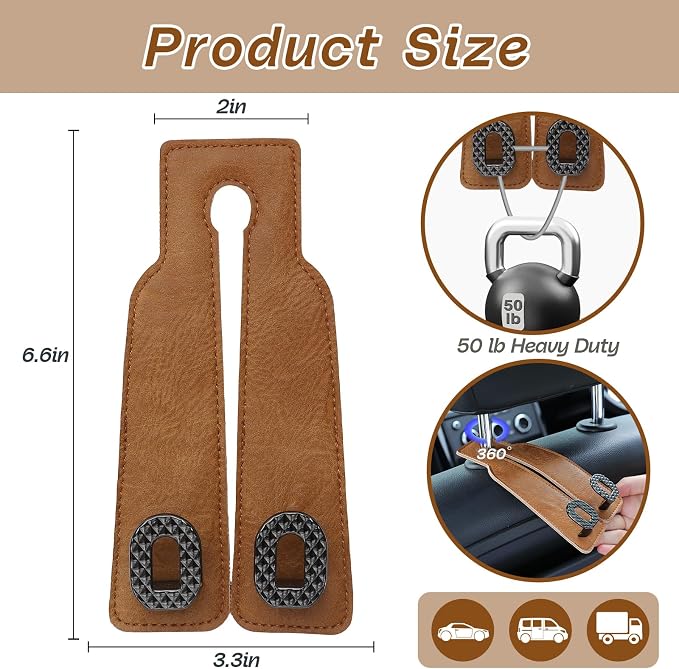 Car Headrest Hooks Universal Car Purse Hook Premium Leather and Alloy Twin Hook Car Seat Back Storage Hanger Hook for Purse Bags Cloth Drink Durable Holder Car Accessories (BH09-Brown-Black)