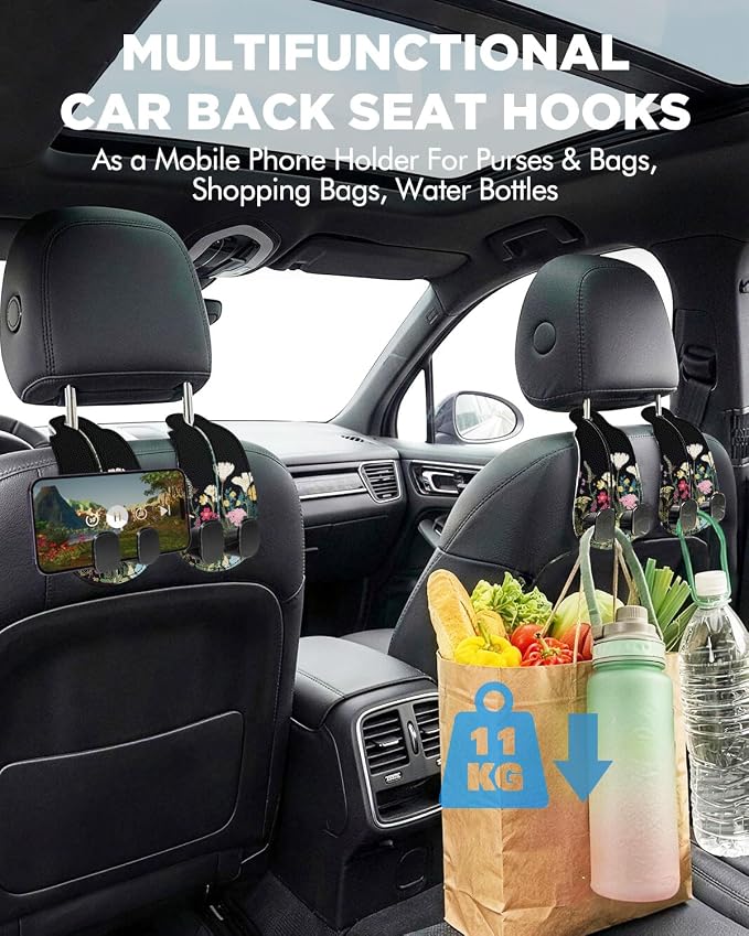Purse Holder for Car, 2 Pack Heavy Duty Purse Hanger for Car, PU Leather Car Seat Hooks for Purses and Bags, Cute Floral Headrest Organizer for Handbags & Backpacks