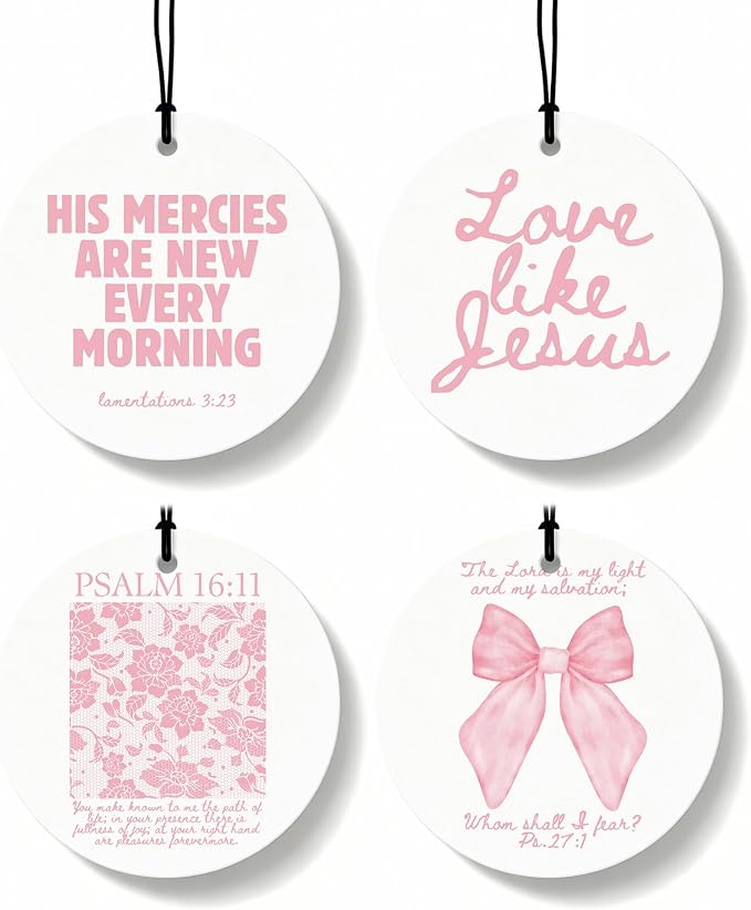 Pink Christian Car Air Freshener 4 Pcs, Inspirational Bible Verse Religious Hanging Air Freshener for Cars Closet Drawer Books, Christian Girly Car Accessories Mirror Decor for Women