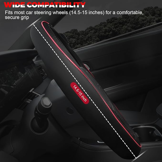 Car Steering Wheel Cover, Microfiber Leather Steering Wheel Covers with Anti-Slip Lining, Universal 14.5-15 inchs Black with Red line