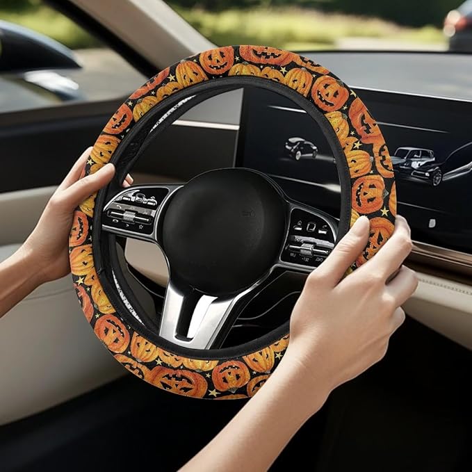 Car Steering Wheel Cover Universal 15 Inch Non-Slip Comfortable Stretch Decorative Halloween Auto Steering Wheel Protector Automobile Accessories, Pumpkin Star