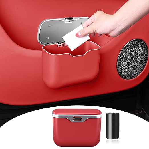 Car Trash Can, Waterproof Multi‑Functional Auto Trash Bin for Door/Console/Seat Back, Universal Vehicle Garbage Can for Car/Truck/SUV Drivers (Red)