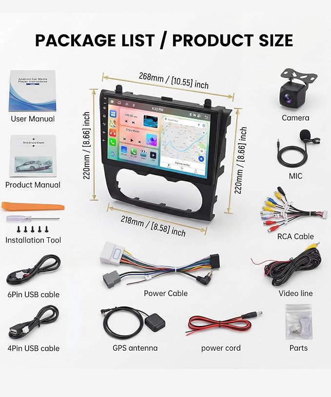Android Car Radio for Nissan Altima 2008-2012 with Wireless CarPlay Android Auto, 6G+128G 9” Touchscreen Car Stereo Mirror Link GPS Navigation WiFi Bluetooth FM RDS EQ SWC Backup Camera