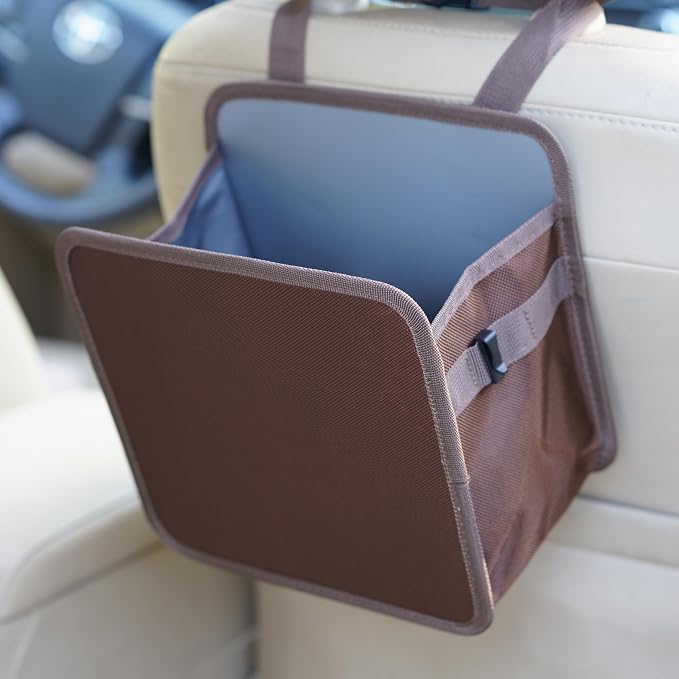 Foldable Car Trash Can 2 Gallons, Hanging Car Trash Bag, Large Capacity Car Garbage Can, Water-Resistant Leakproof Cars Trash Bin, Cars Organizer for Camping, Cars Interior Accessories (Brown)