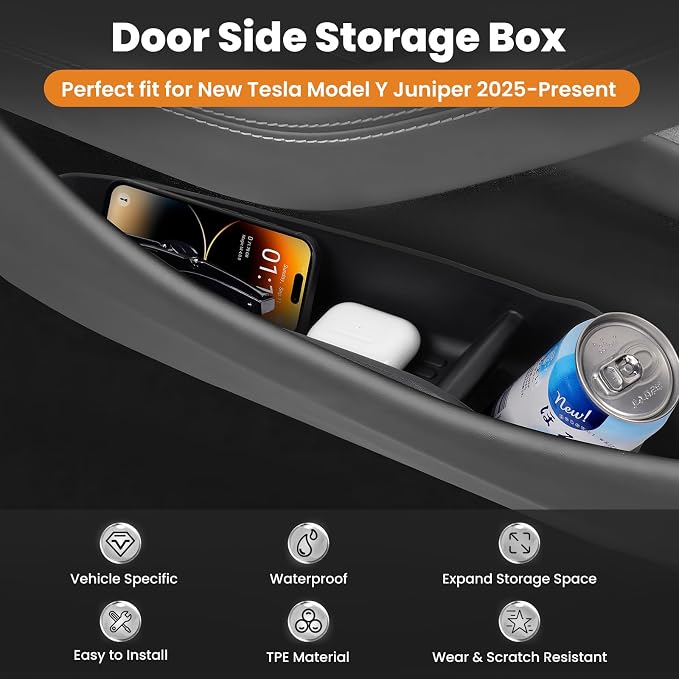Car Door Side Storage Box for New Tesla Model Y Juniper 2025 2026 Accessories - Waterproof TPE Front Rear Door Insert Tray Organizer Slot Storage Protector 4PCS