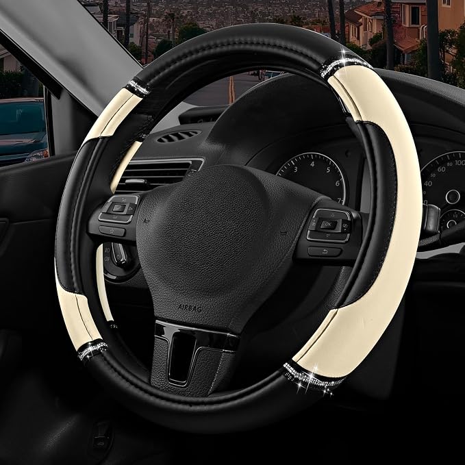 Leather Steering Wheel Cover - Made with PVC Leather - Anti-Slip, Universal Fit 14 1/2 inches to 15 inches - Milky White