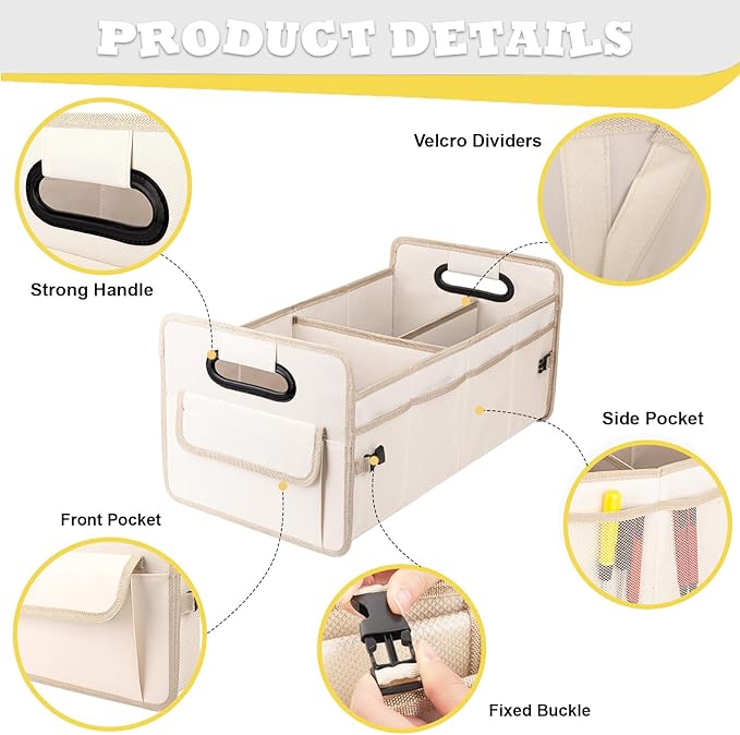 Car Trunk Organizer, Car Organizers and Storage Collapsible Multi Compartment Container Box, Adjustable Car Accessories for SUV Sedan Truck, Large Size, Beige