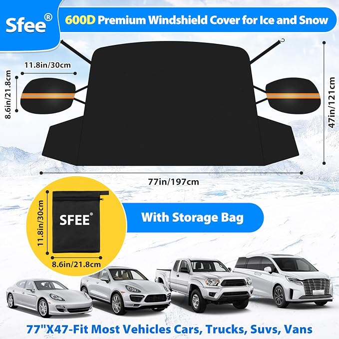 Windshield Cover for Ice and Snow,Heavy-Duty 600D Waterproof Windshield Snow Cover With 2 Mirror Covers, All-Weather Magnetic Frost Guard Winter Car Snow Cover Fit Car, Truck, Suv,Van (77" X 47")