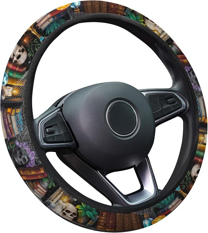 Dark Academia Books Steering Wheel Cover, Polyester Non-Slip Car Wheel Grip, Universal 15 Inch Auto Accessory