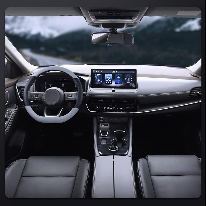 Flat Bottom Steering Wheel Cover, D Shaped Car Wheel Cover 14 1/2-15 in. (37-39 cm), Black Gray Microfiber Leather
