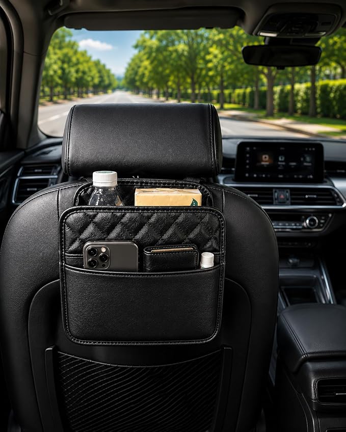 Leather Car Organizer for Backseat – Headrest Hanging Storage Bag with Pockets for SUV & Truck | Premium Quilted Car Seat Organizer for Phone, Trash & Car Essentials