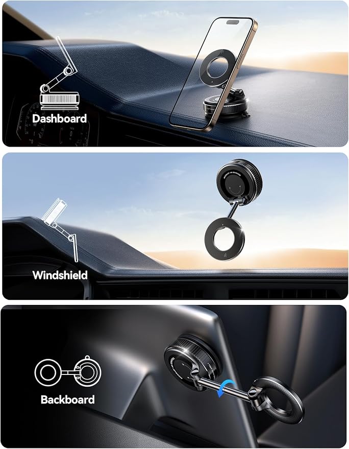 Vacuum Magnetic Phone Holder for Car, Strongest Suction Cup Phone Mount, 360° Adjustable Magsafe Car Mount, Foldable Car Phone Holder for iPhone 17 Pro Max 16 15 14 13 12 Plus/Android